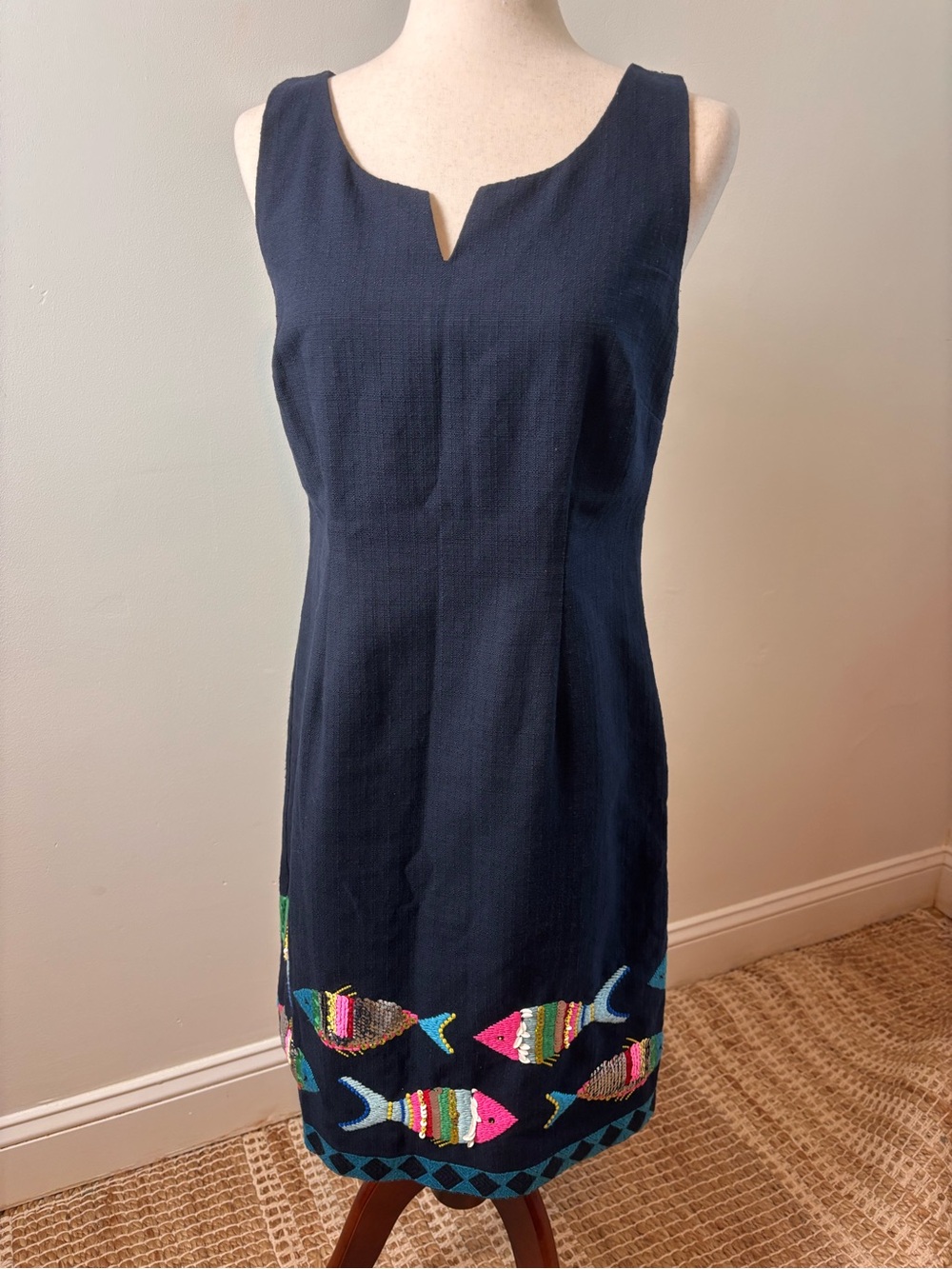 Talbots size 4 Sequin Fish Beach Navy Blue Vintage Dress